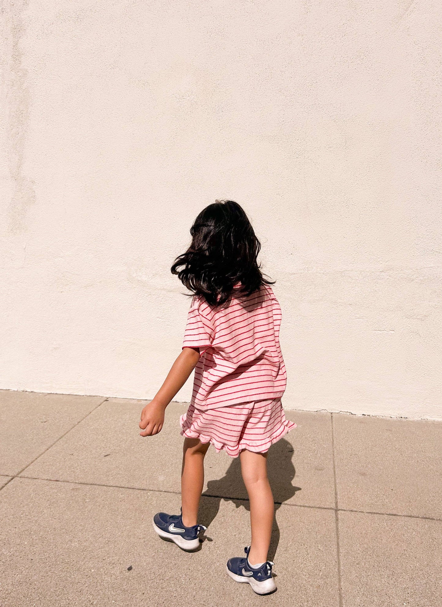 Kids Terry Cloth Stripe Short Sleeve Top and Ruffle Shorts Set