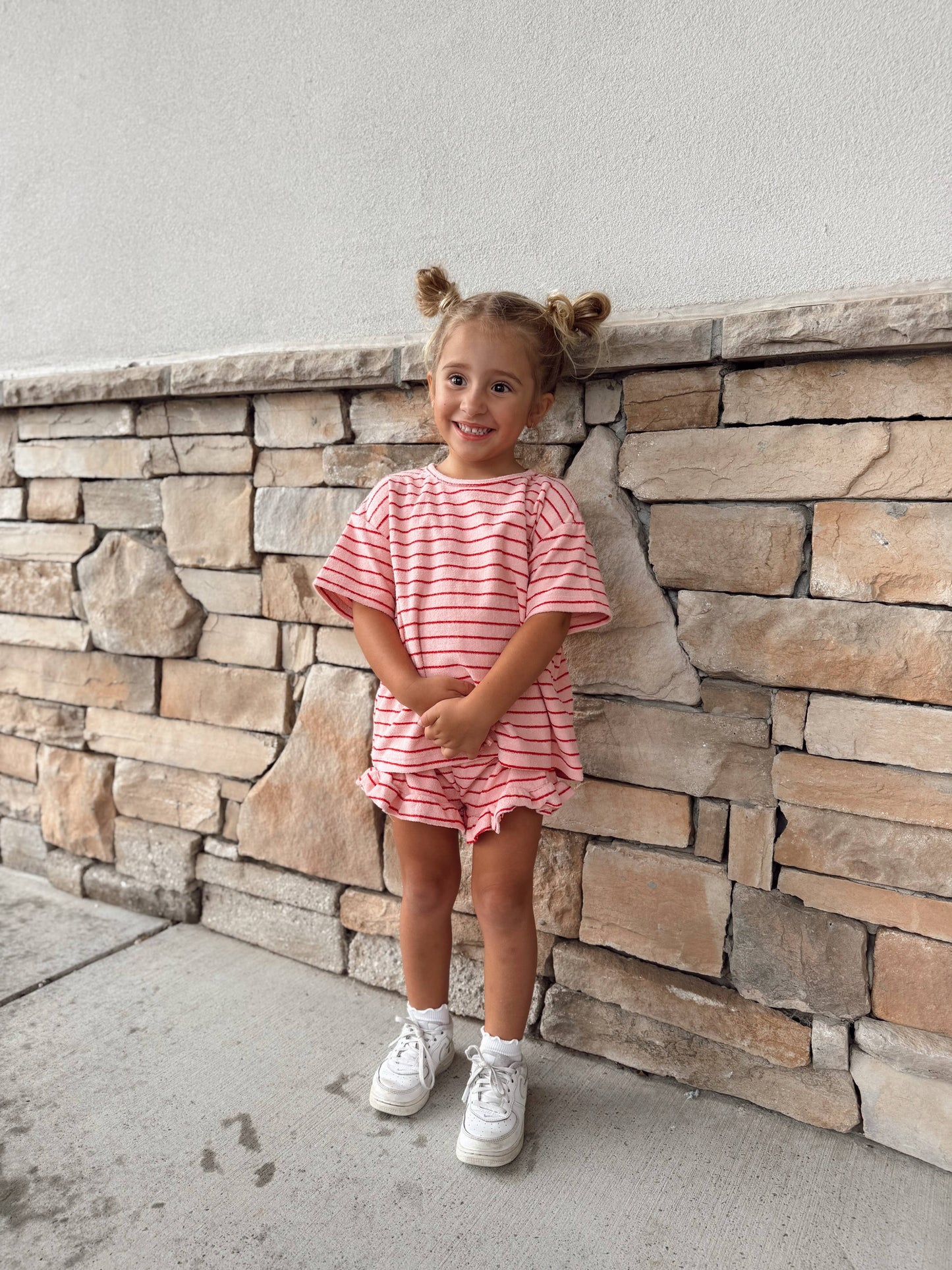 Kids Terry Cloth Stripe Short Sleeve Top and Ruffle Shorts Set