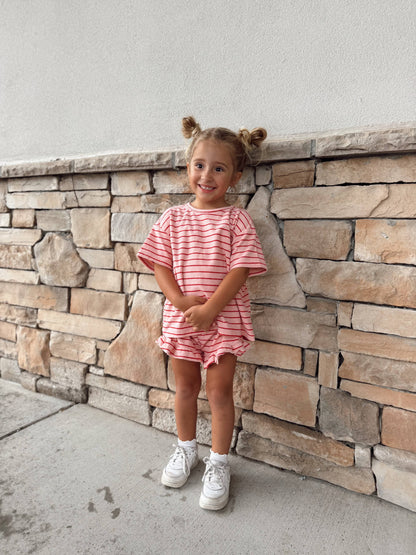 Kids Terry Cloth Stripe Short Sleeve Top and Ruffle Shorts Set