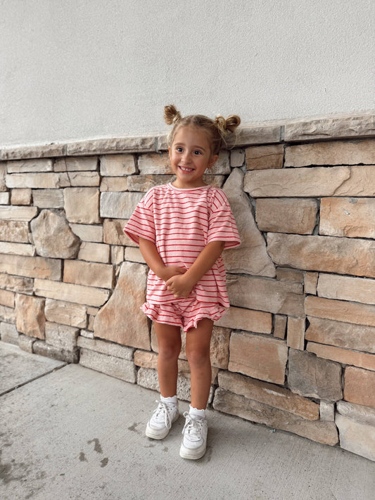 Kids Terry Cloth Stripe Short Sleeve Top and Ruffle Shorts Set