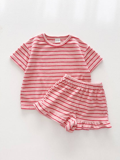 Kids Terry Cloth Stripe Short Sleeve Top and Ruffle Shorts Set