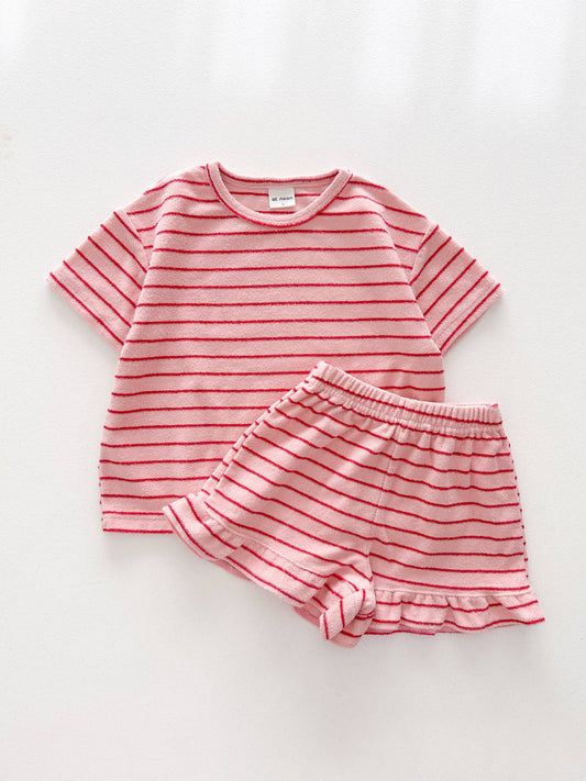 Kids Terry Cloth Stripe Short Sleeve Top and Ruffle Shorts Set