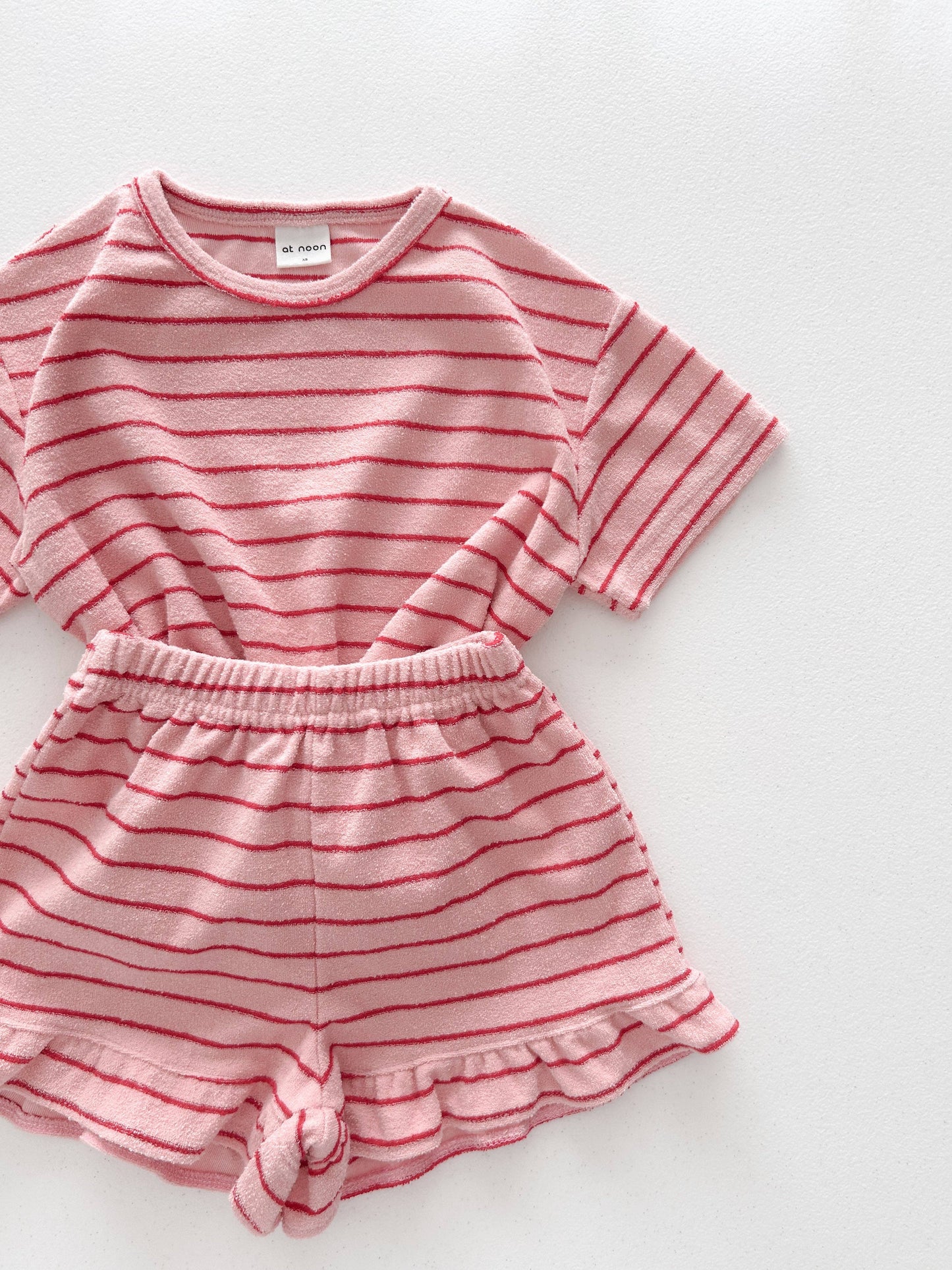 Kids Terry Cloth Stripe Short Sleeve Top and Ruffle Shorts Set