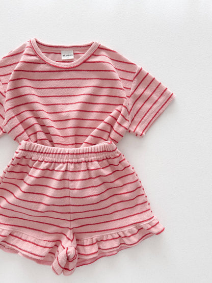 Kids Terry Cloth Stripe Short Sleeve Top and Ruffle Shorts Set