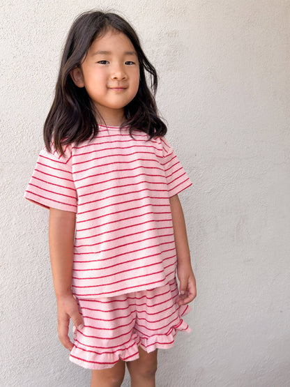 Kids Terry Cloth Stripe Short Sleeve Top and Ruffle Shorts Set
