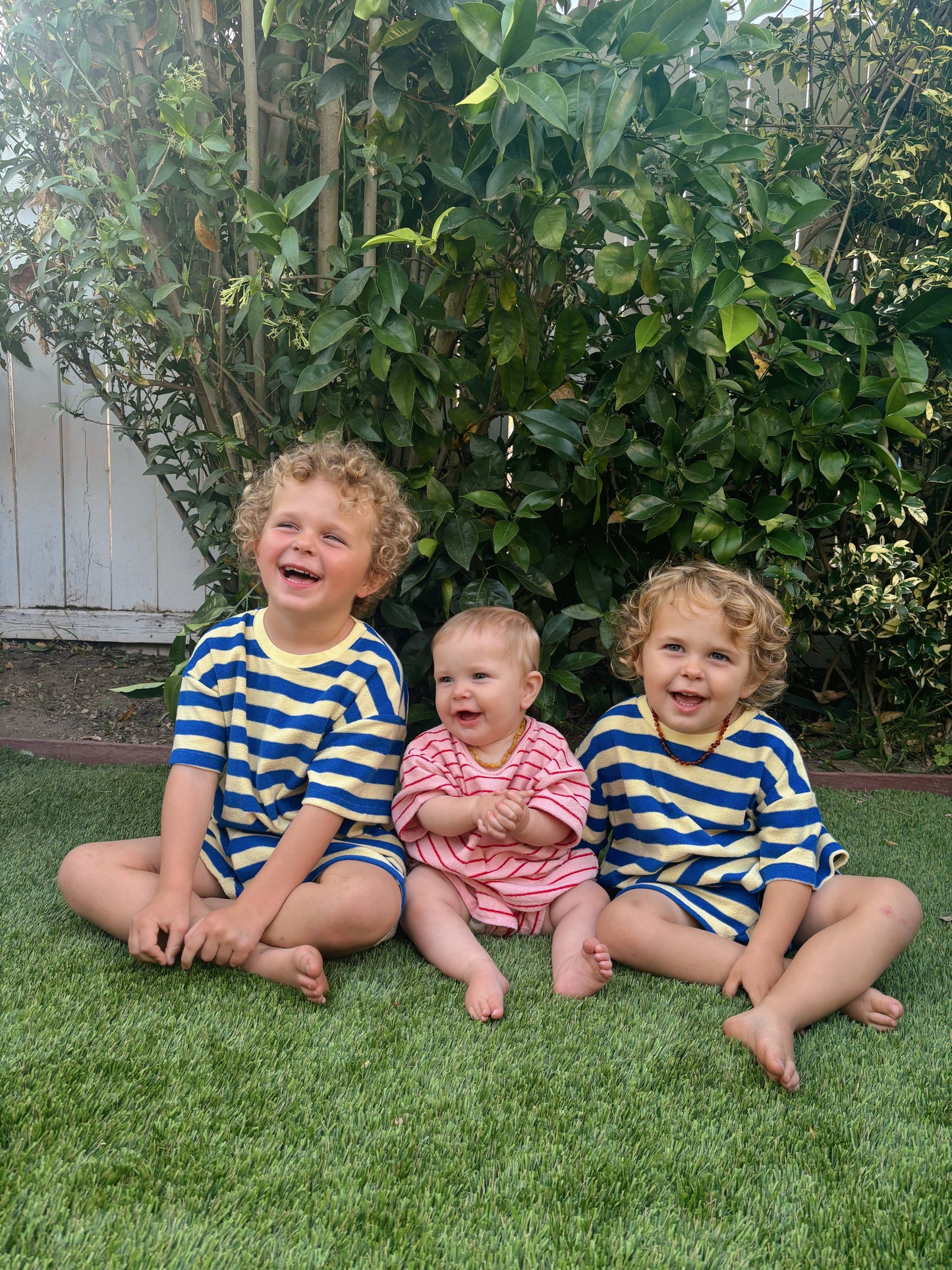 Kids Terry Cloth Stripe Short Sleeve Top and Ruffle Shorts Set