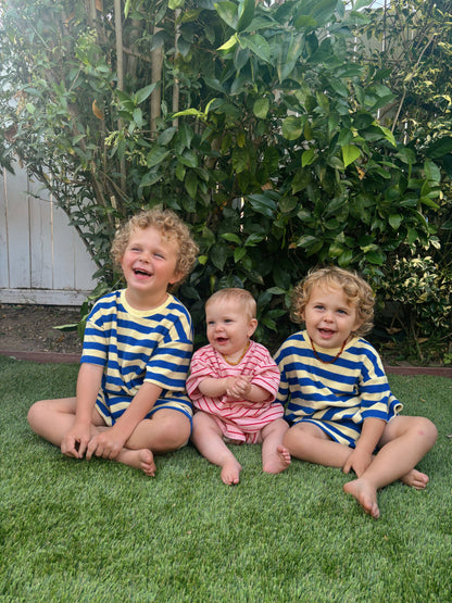 Kids Terry Cloth Stripe Short Sleeve Top and Ruffle Shorts Set